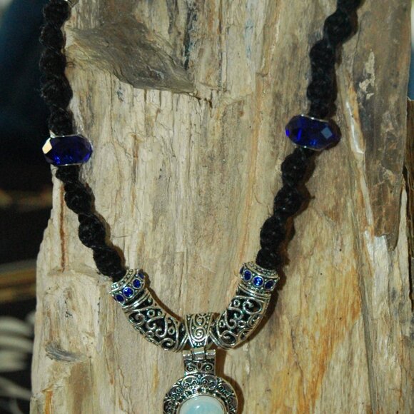 Bohemian Teardrop Moonstone Filigree Pendant on a 22" Handmade Black Hemp Chain - Picture 3 of 6